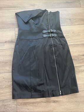 bebe Strapless Black Front-Zip Cocktail Dress with Buckle Detail Vintage